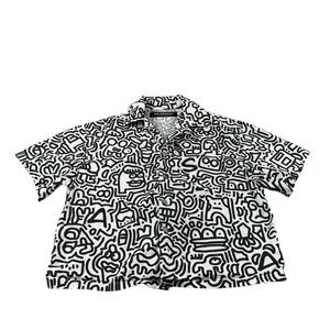 Valabasas White Black Metal Snap Front AOP Crop Shirt Jacket Mens Medium